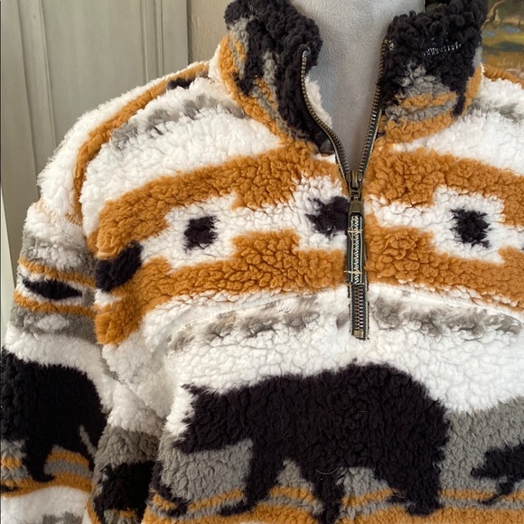 Women's Zip-Up Sweater with Bear Pattern - Black, Brown, White - Picture 3 of 4